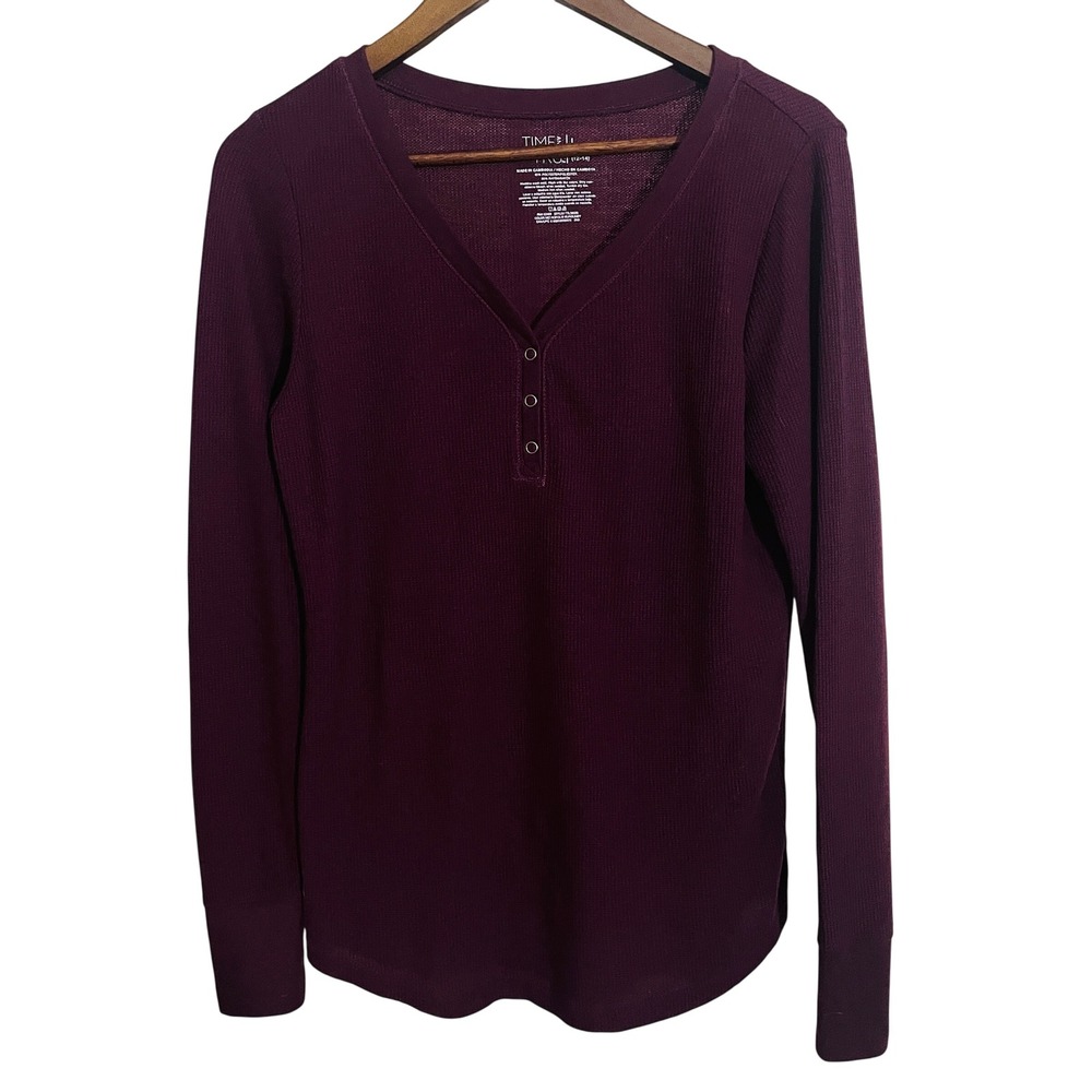 Womens Y2K Grunge Waffle Knit Lightweight Henley Top L Maroon Streetwear Layer